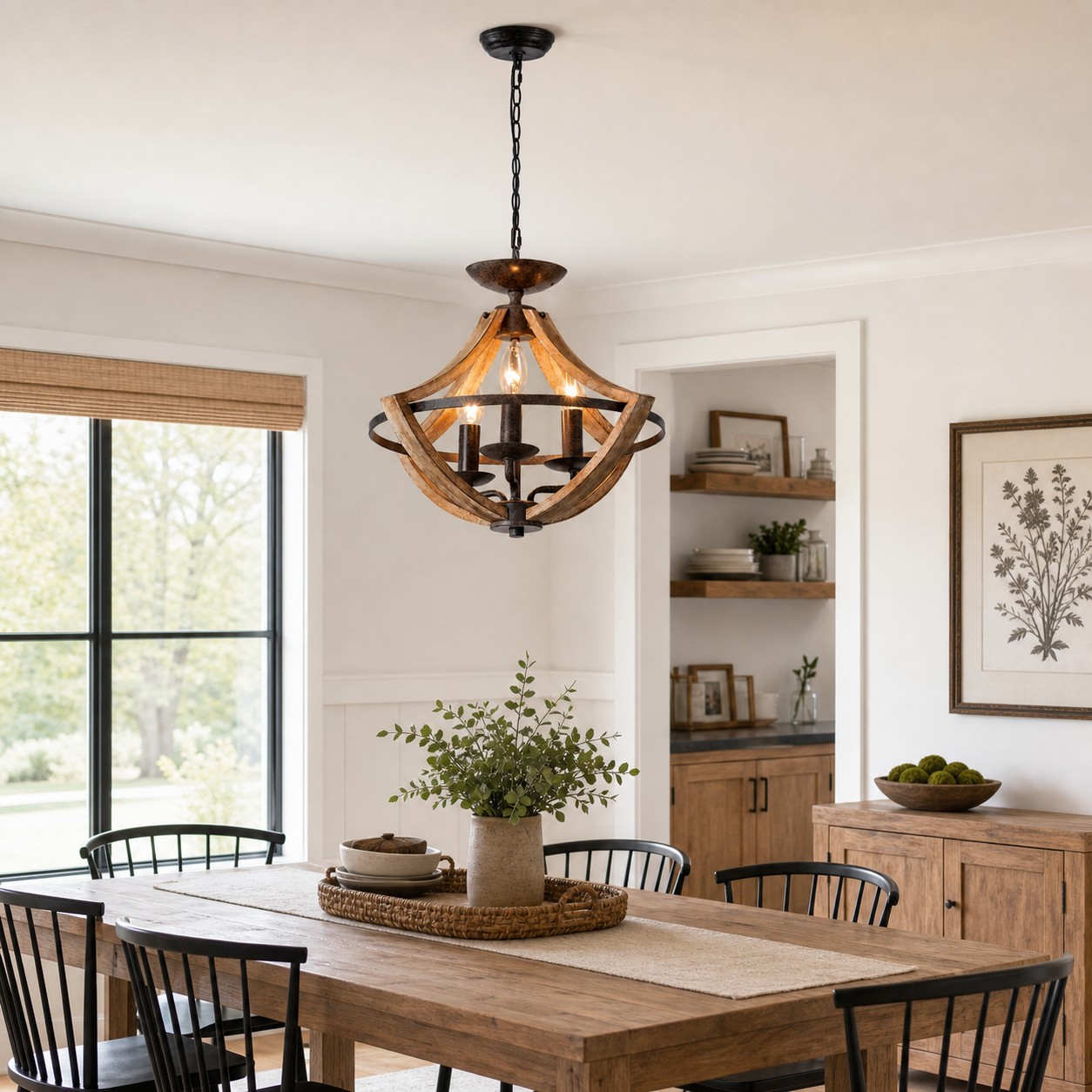 Rustic 3-light pendant chandelier in a farmhouse interior